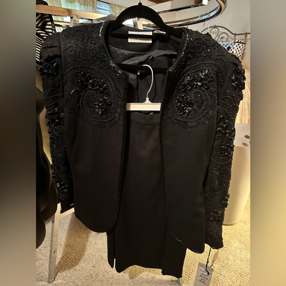 Black Tie Oleg Cassini 3 piece suit. Silk top with wool beaded jacket & skirt